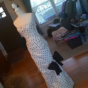 Vintage Lorcan Mullany White Silk Gown, Sz 8, B & W Polka Dot